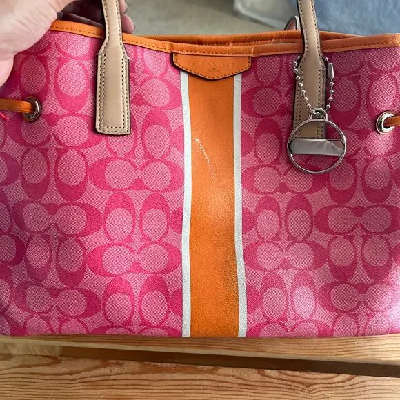 Coach Pink Signature Stripe Tote Bag Orange Trim Leather Handbag - Picture 12 of 14